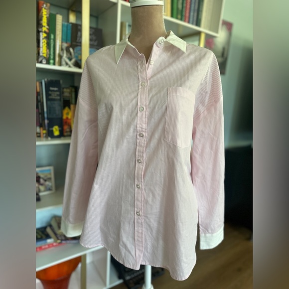 Pink and White Button Down Shirt with Pinstripes - Picture 2 of 6